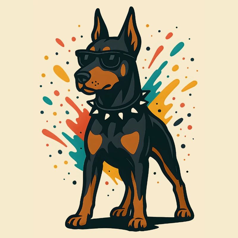 Dobermann Hund in buntem Splash