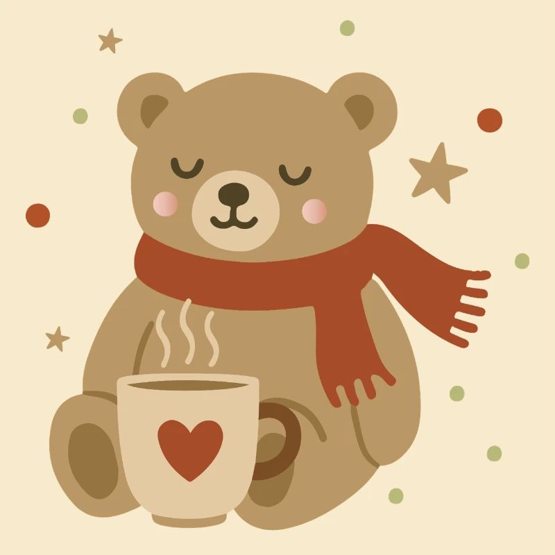 Petit ours mignon avec écharpe et tasse chaude