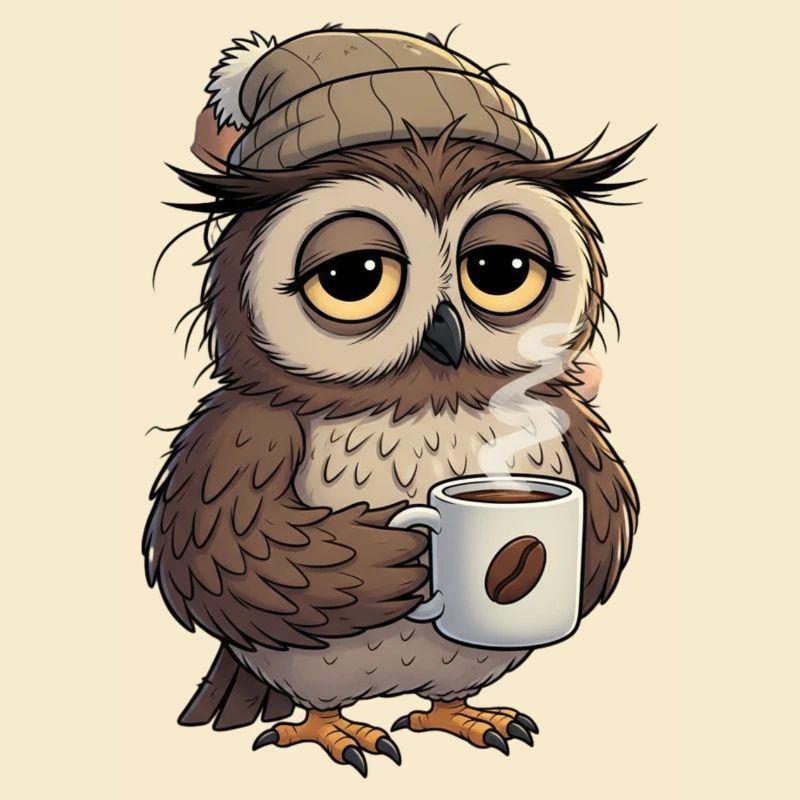 Verschlafene Eule Mit Kaffeetasse Cartoon
