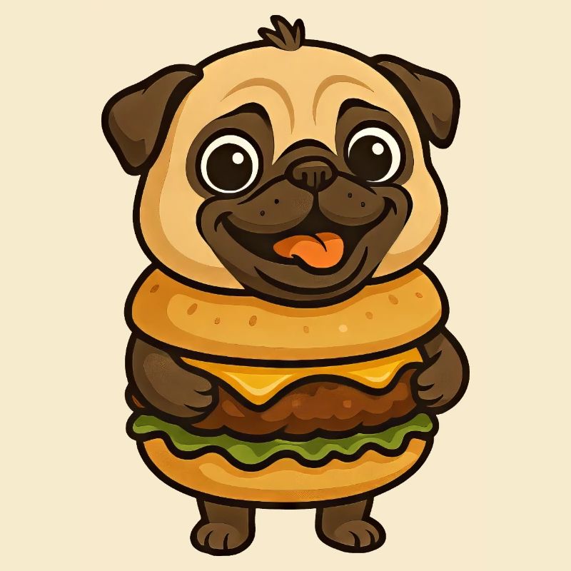 Lustiger Mops mit Hamburger Cheeseburger Fabeltier