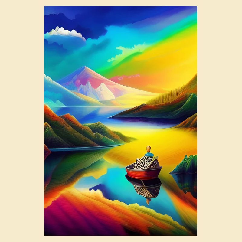 Landschaft mit See, Boot und Berge