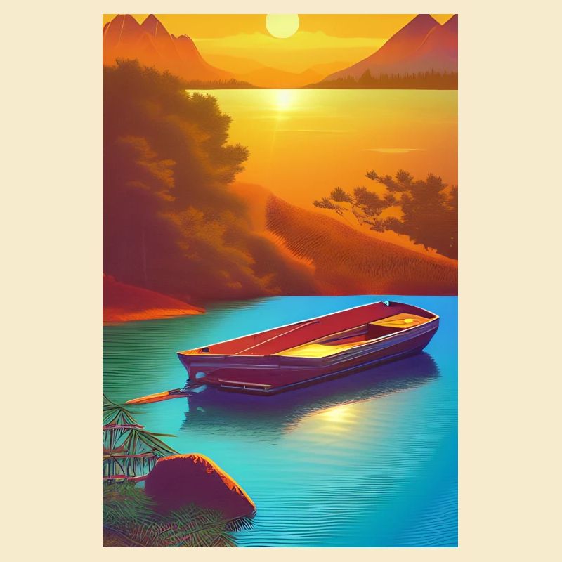 Landschaft mit See, Boot und Berge