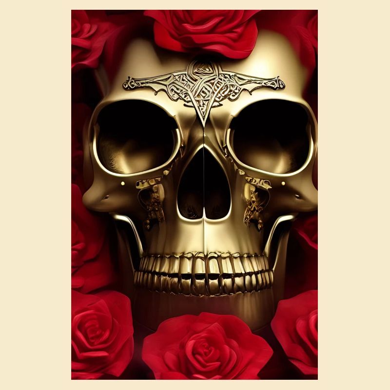 Crâne doré avec des roses