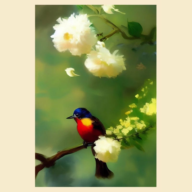 Bird on branch with flower blossoms