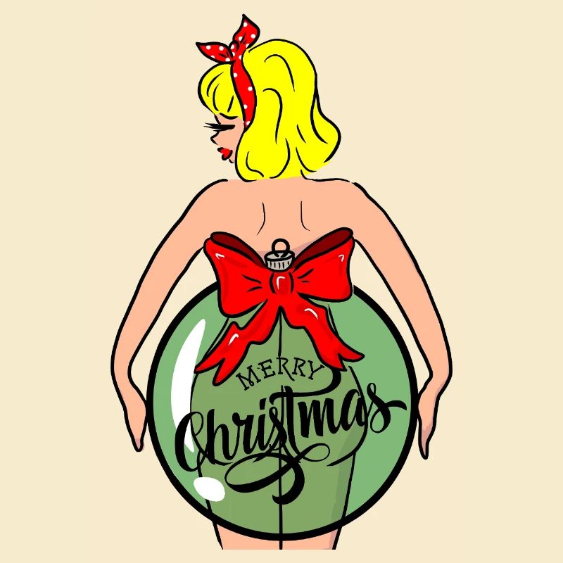 Frau mit Weihnachtskugel und roter Schleife