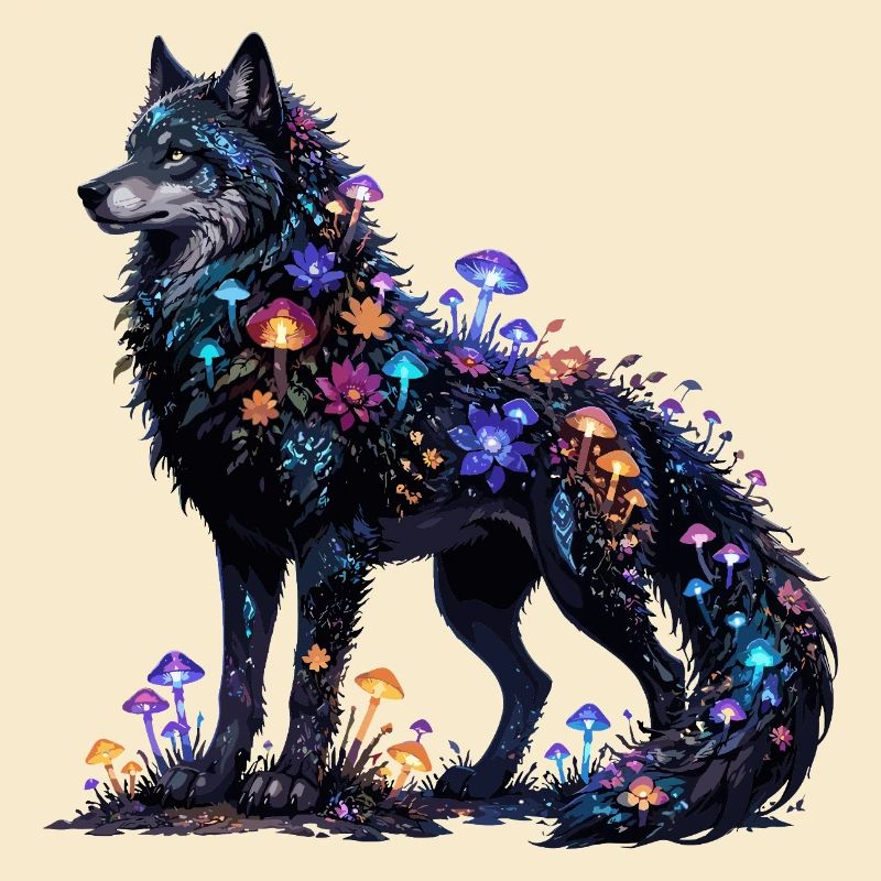 Night wolf in mushroom color magic