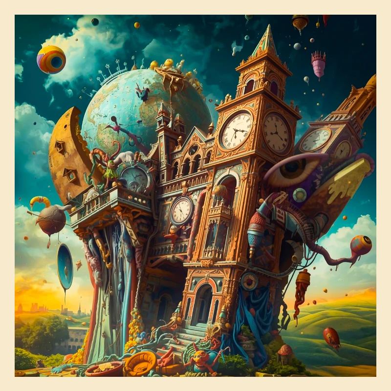 Surreal clock tower and globe