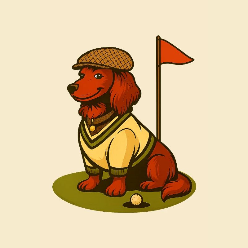 Golf dachshund in retro outfit with flag.