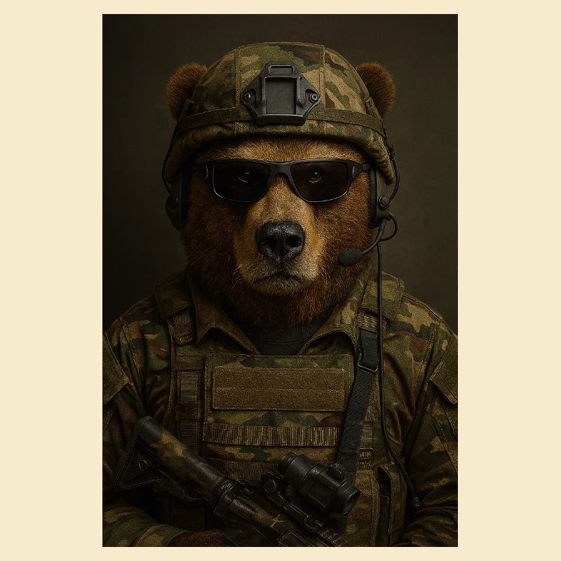 Battle-ready bear in camouflage suit