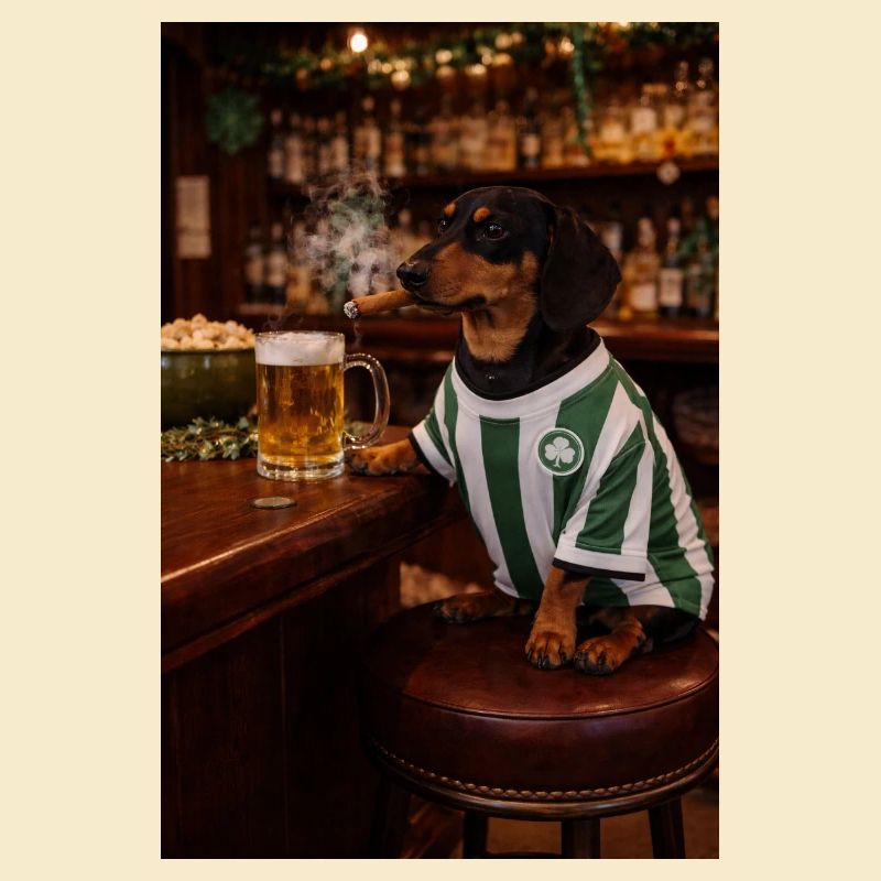 Teckel en maillot de pub avec trèfle