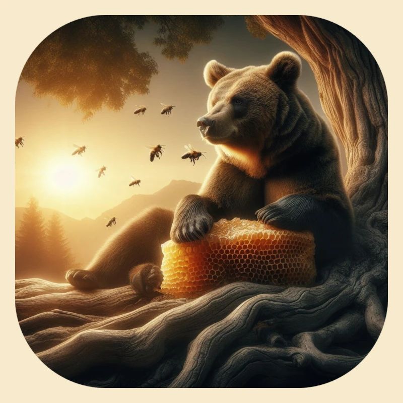 Ours brun assis devant un arbre au coucher du soleil