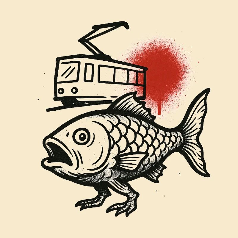 Une vague de poisson d’un tramway et un soleil rouge