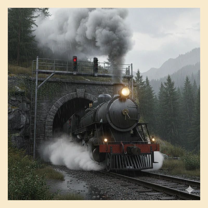 Dampfzug durch den Wald am Tunnel