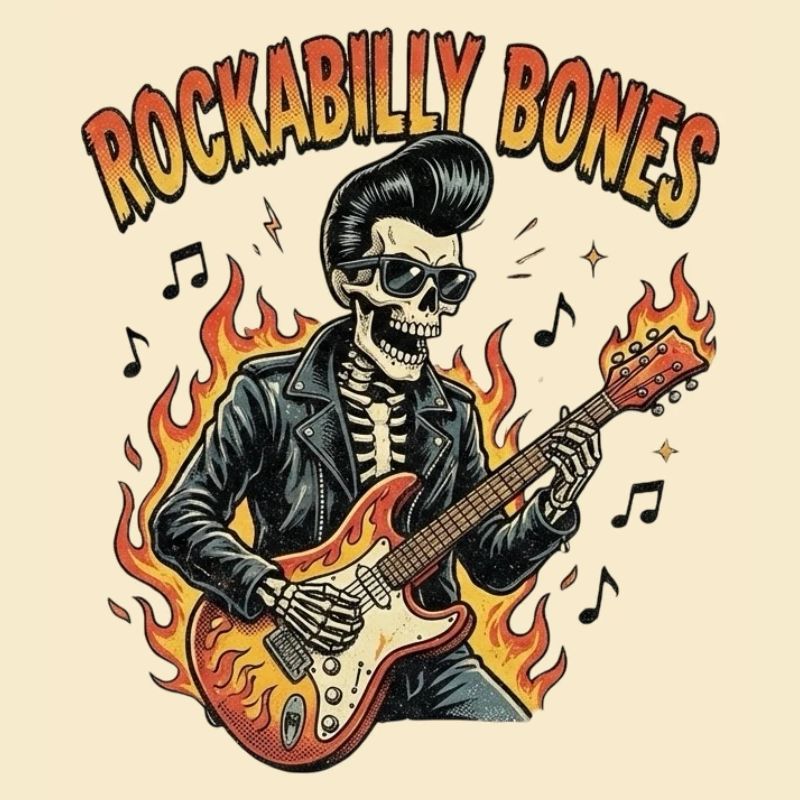 Rockabilly Bones – Retro Comic Skeleton with Burn