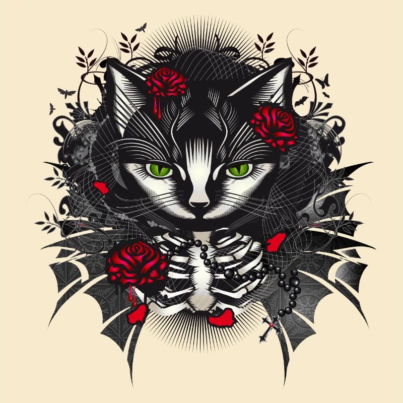 Dark Gothic Cat Portrait with Red Roses