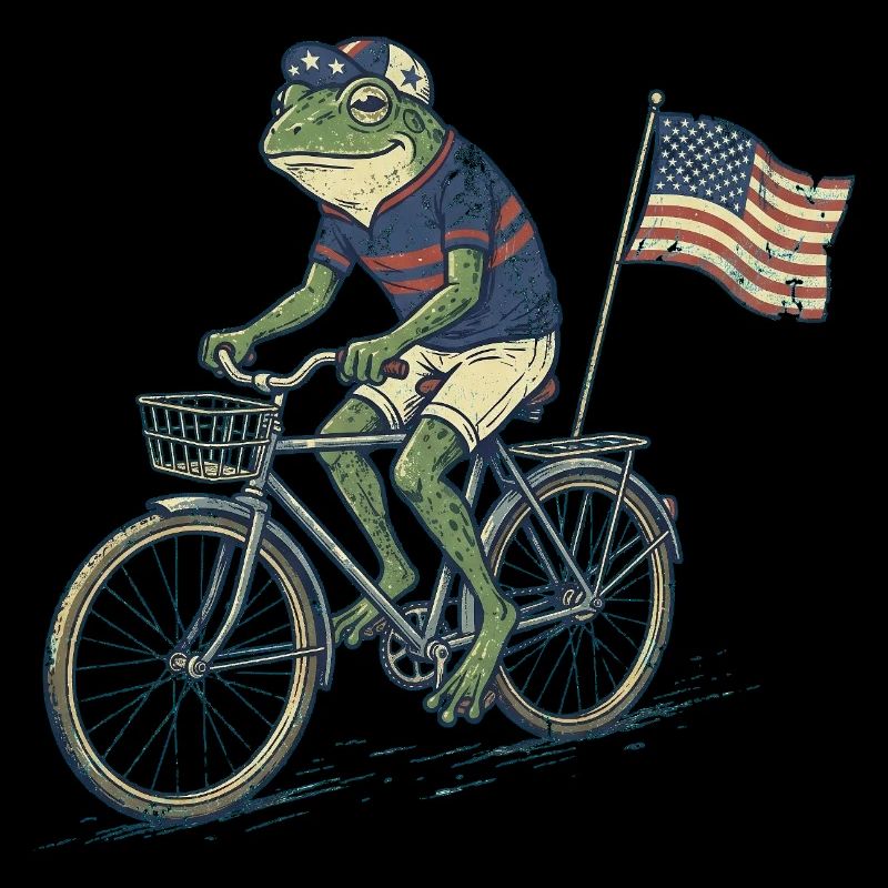 Funny Frog Riding Bicycle with American Flag