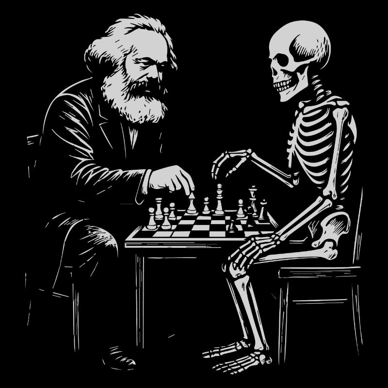 Karl Marx joue aux échecs avec du skeleton