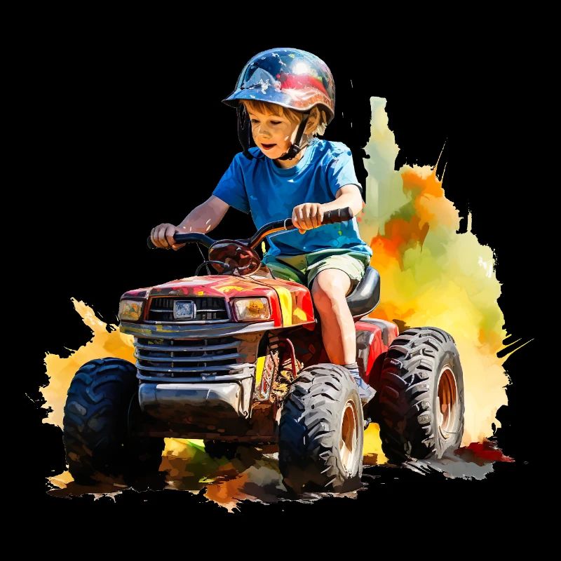 Junge auf Spielzeugtraktor mit Farbspritzer