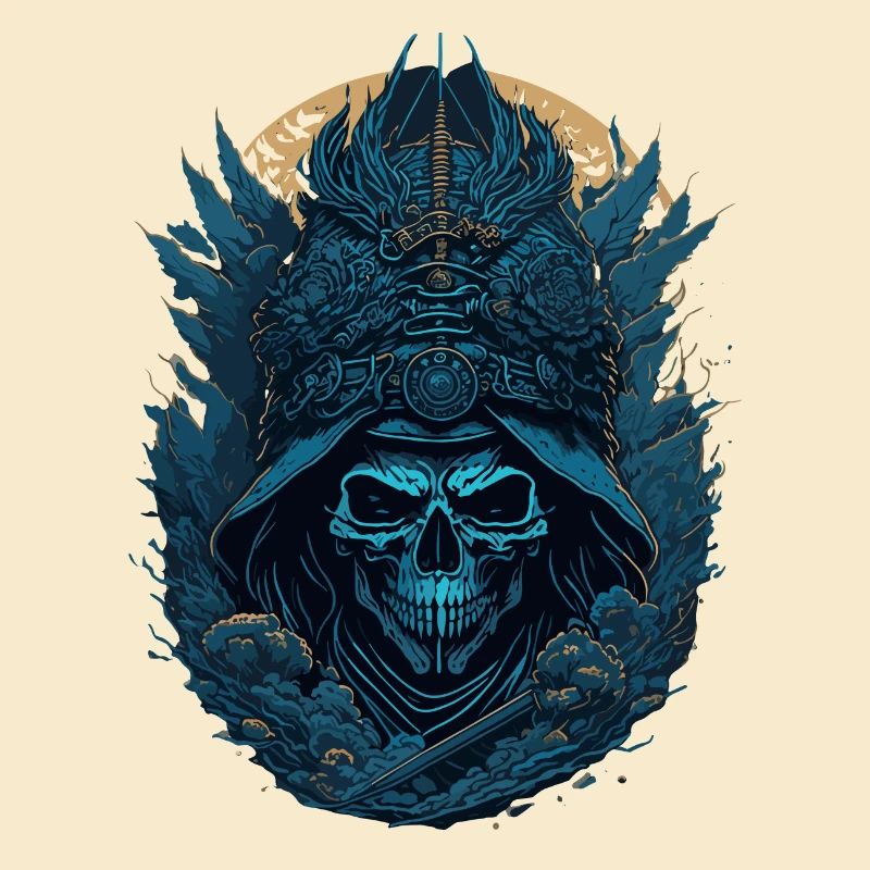 crane squelette samouraï bleu - blue samurai skull