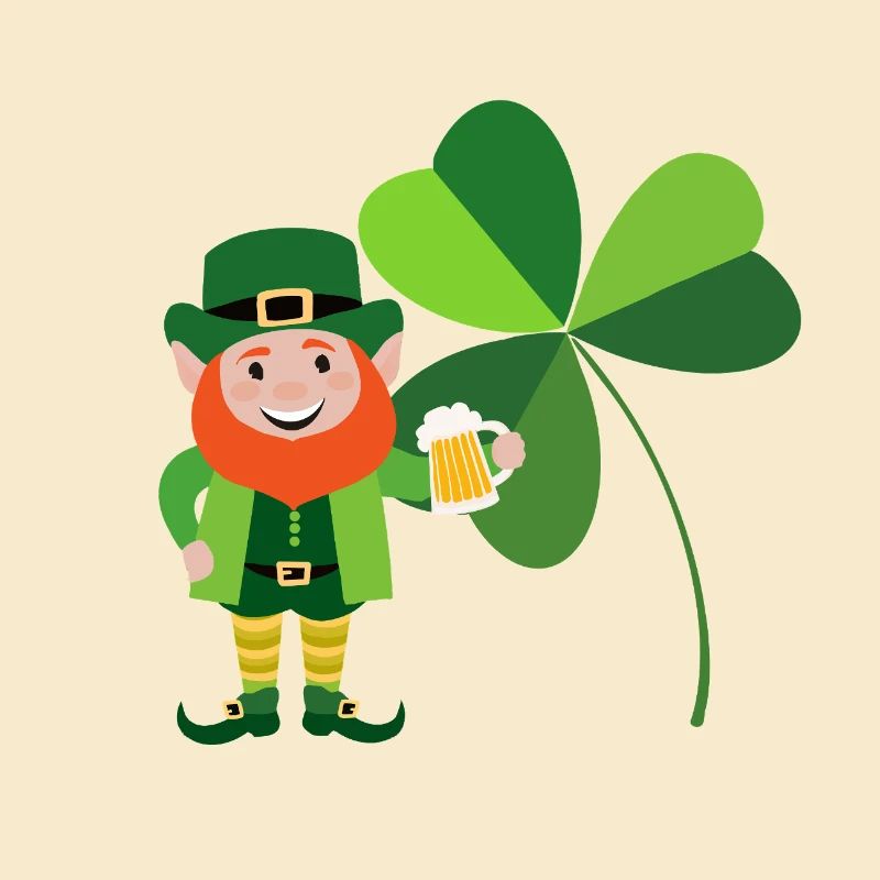 Leprechaun souriant devant un trèfle irlandais