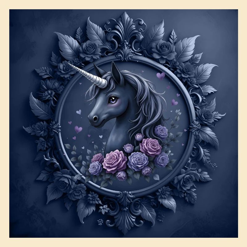 Licorne avec des fleurs dans les tons bleus