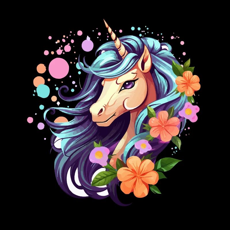 Blaues Einhorn mit Blumenkranz