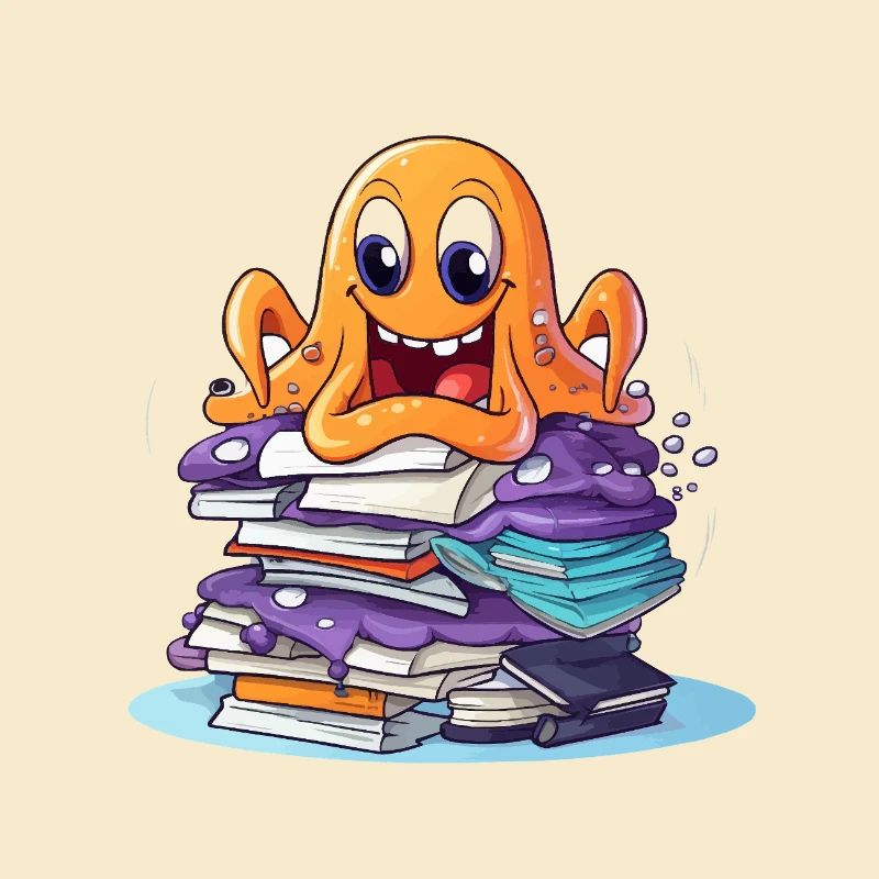 Learning octopus with stack of books