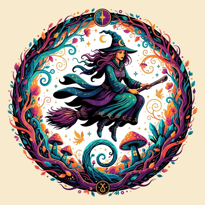 Witch magic in the forest Witch on broom in the enchanted forest
