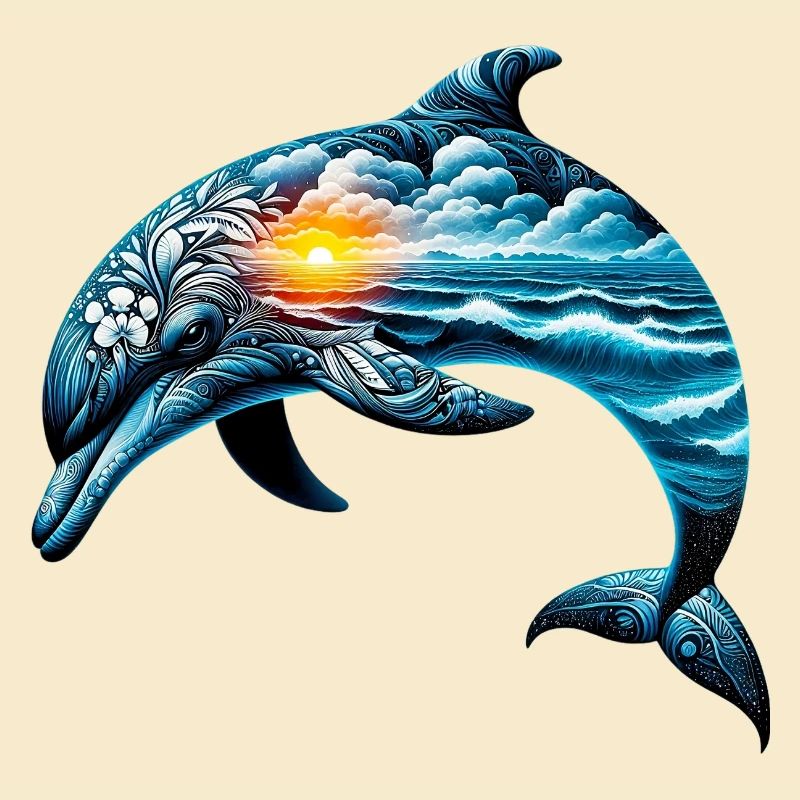 Decorated dolphin painted with a seascape