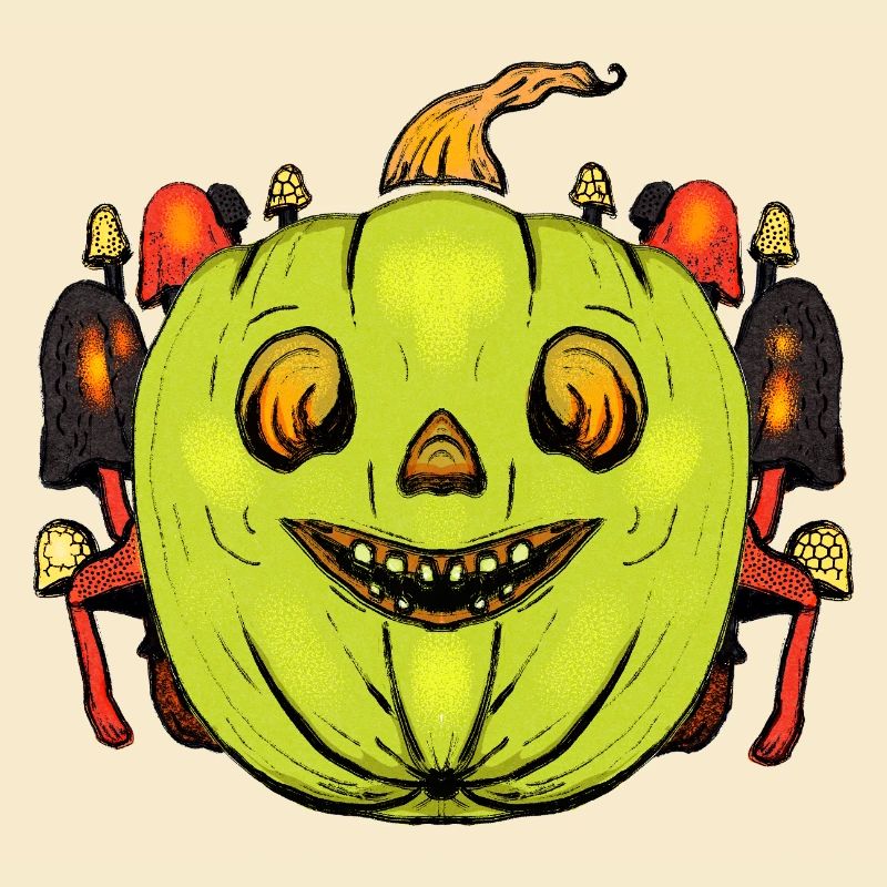 Grinning pumpkin with mushroom frame