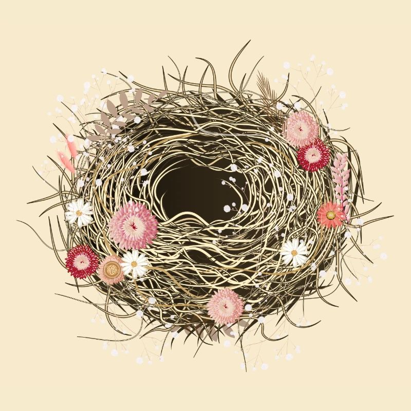 leeres Vogelnest oder Osternest mit Trockenblumen