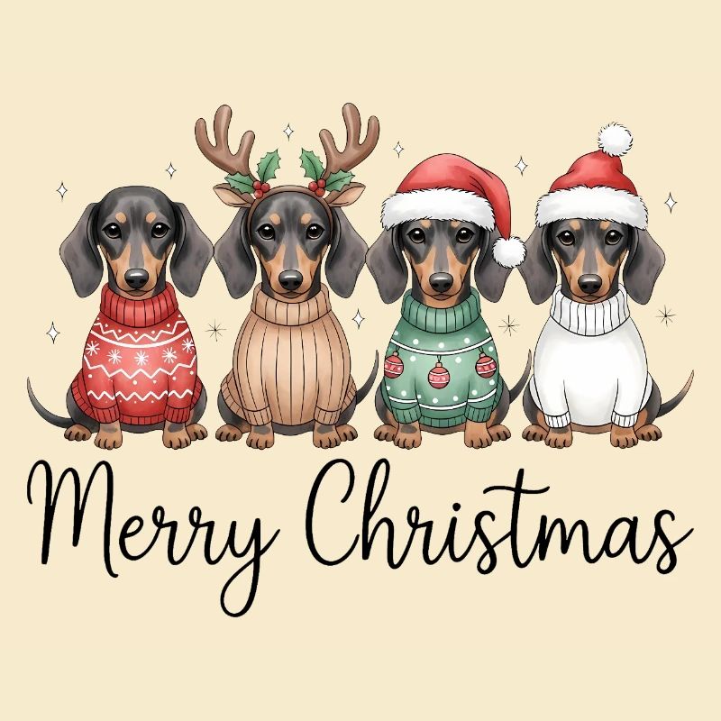 Vier Dackel, Dachshunde in Weihnachtspullover