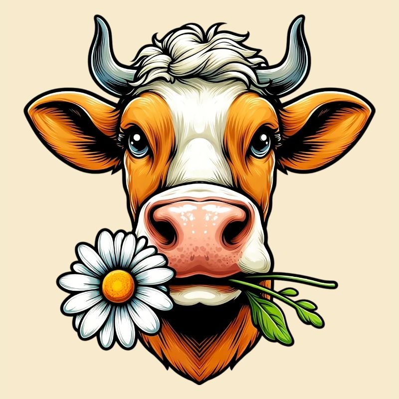 Kuh mit einer Gänseblümchenblume im Maul Blumen