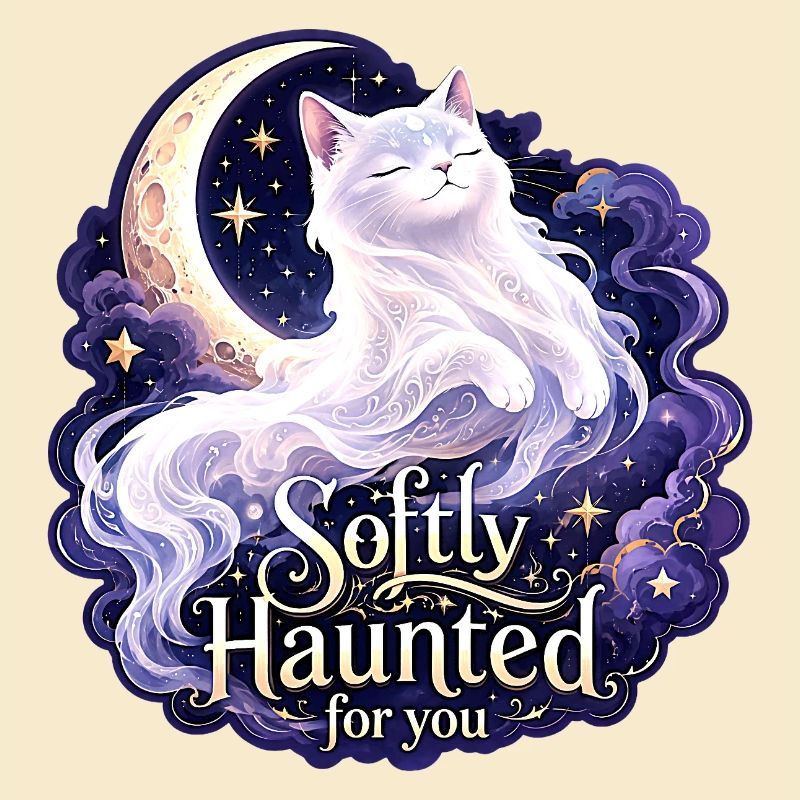 Softly Haunted White Moon Cat Gothic Celestial