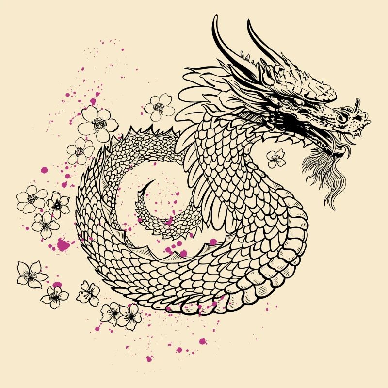 Dragon with Cherry Blossoms Sakura Style