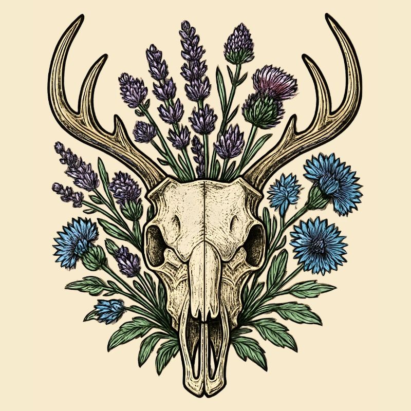 Hirschknochen mit Blumenkranz