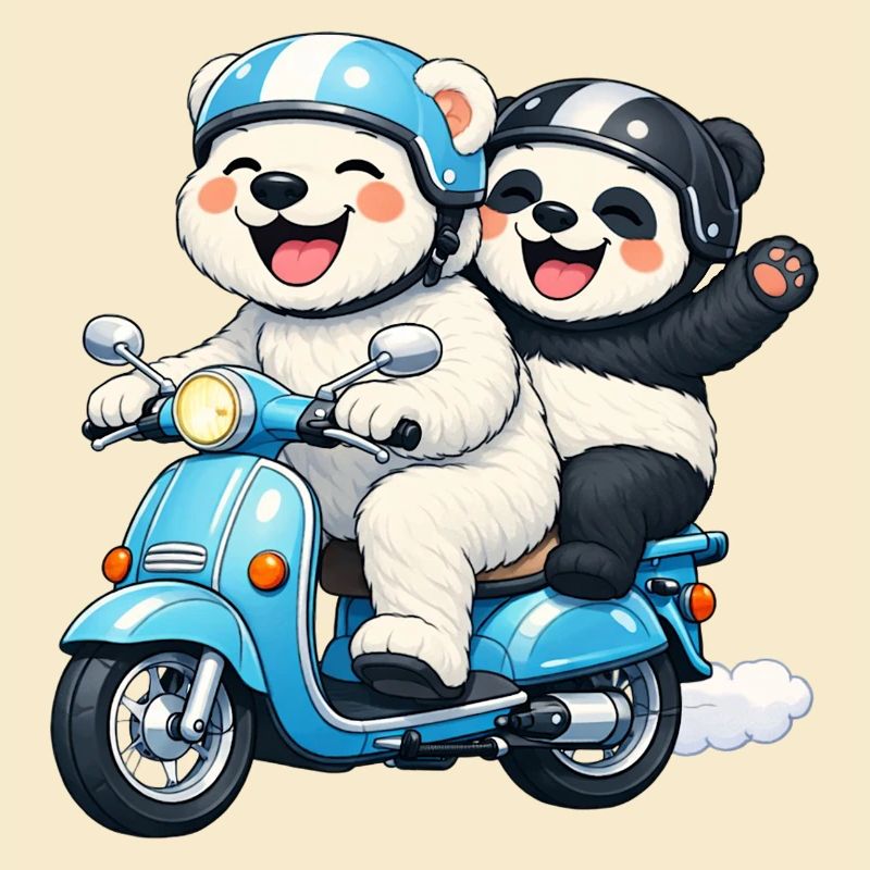 Polar Bear and Panda Bear on a Scooter