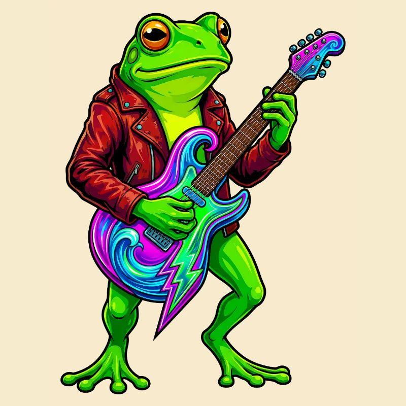 Frosch mit Jacke und Neon E-Gitarre