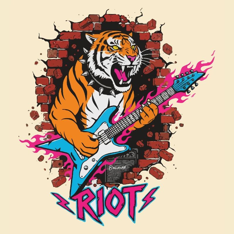 Tiger with guitar against rubble wall