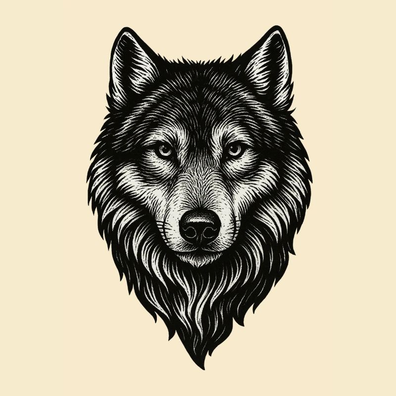W Wolf Head Line Art Black & White