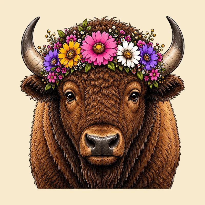 Bison décoré de fleurs