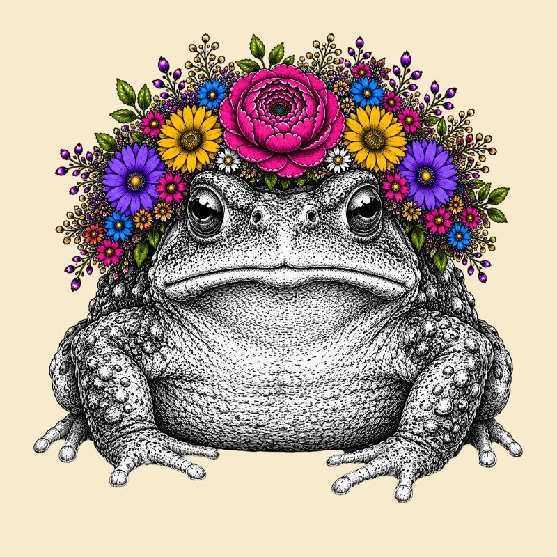 Crapaud avec couronne de fleurs