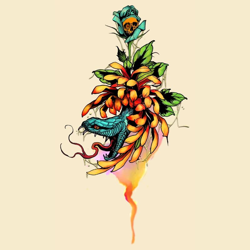 Serpent incroyable avec crâne et fleurs.