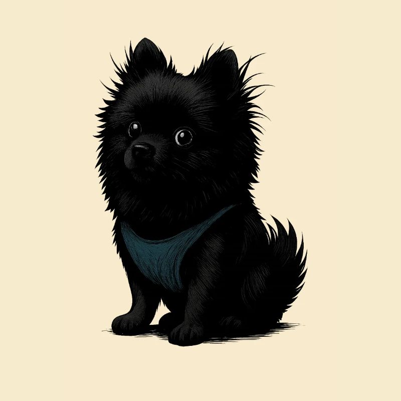 Schwarzer Spitz Hund mit blauer Weste
