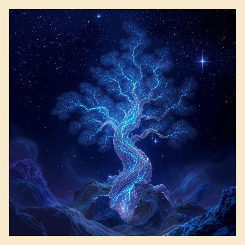 Blue Lightning Tree Night Art
