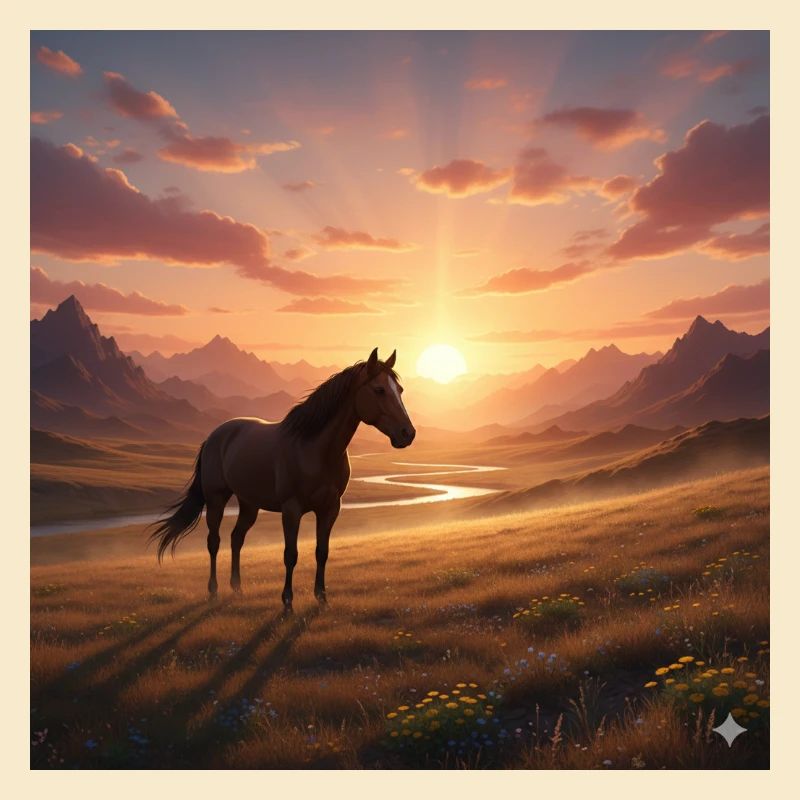 Cheval du coucher de soleil dans la vallée montagneuse