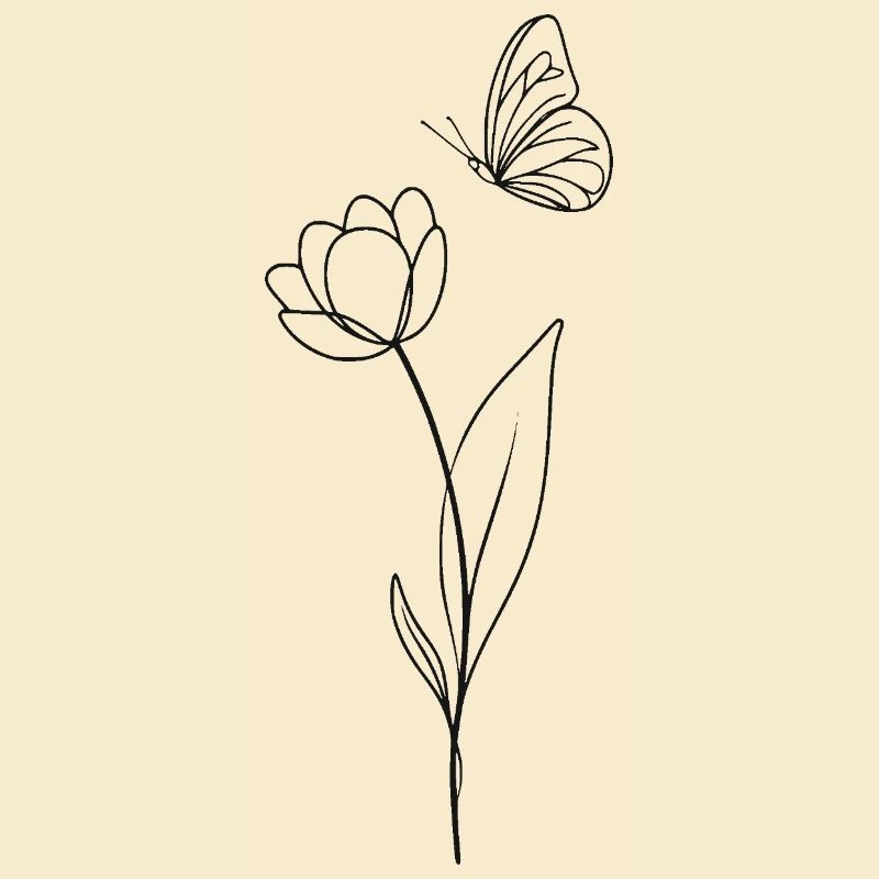 Fleur avec papillon - noir et blanc