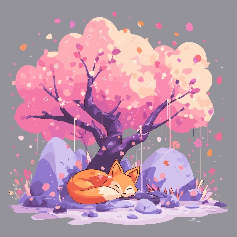 Sleeping fox under cherry tree