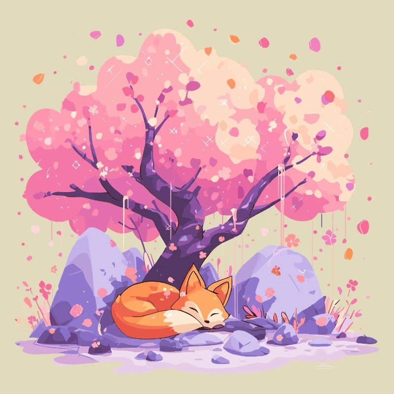 Sleeping fox under cherry tree