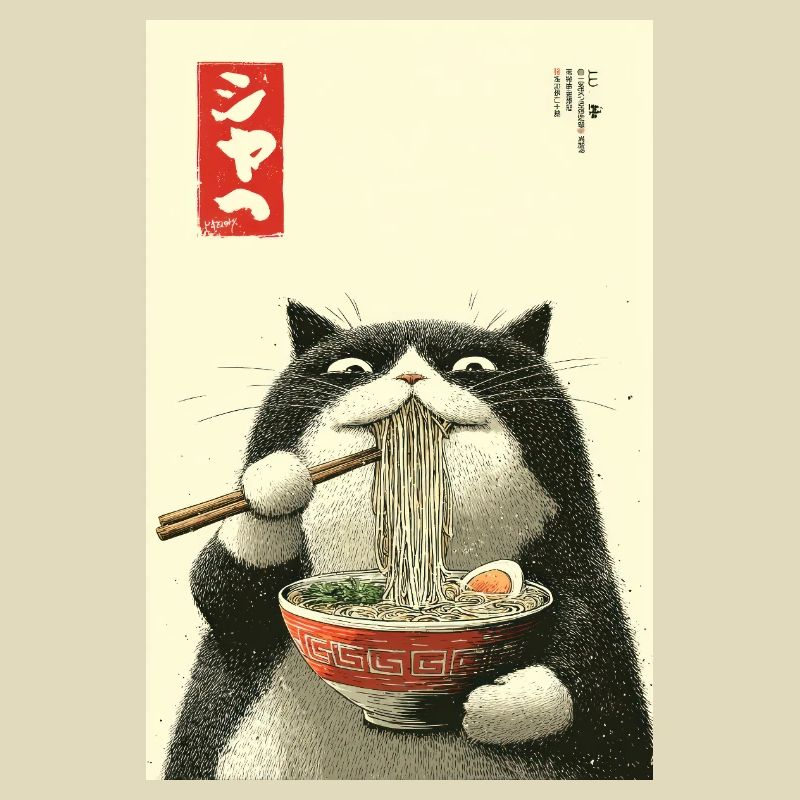 Ramen Cat in Ukiyo-e Style